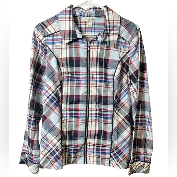 Christopher & Banks Blue Plaid Zip Up Cotton Blazer Blouse Medium Western Rodeo - Picture 1 of 7